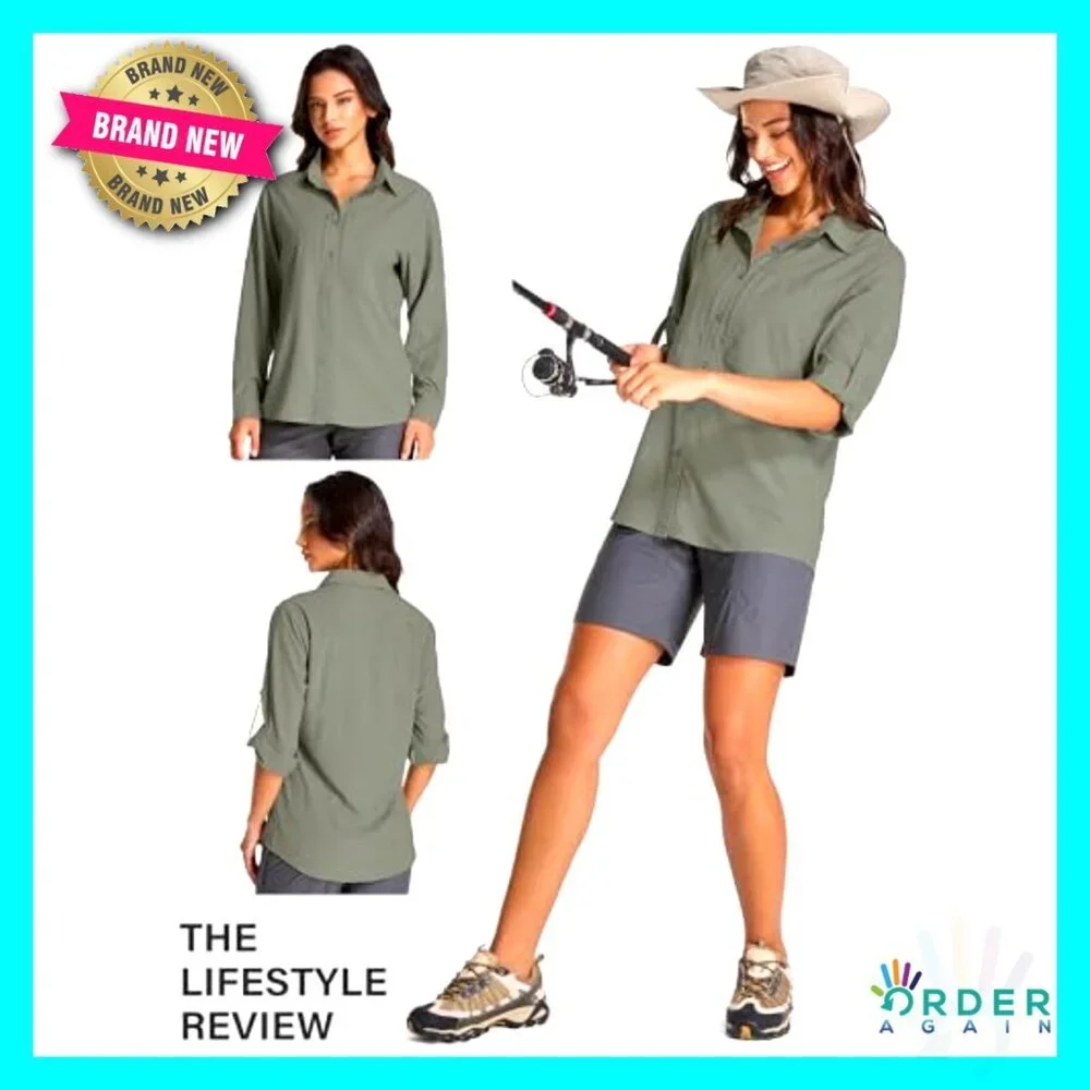 Long Sleeve Button Down Shirt UPF 50 Quick Dry Lightweight Safari Hiking Travel